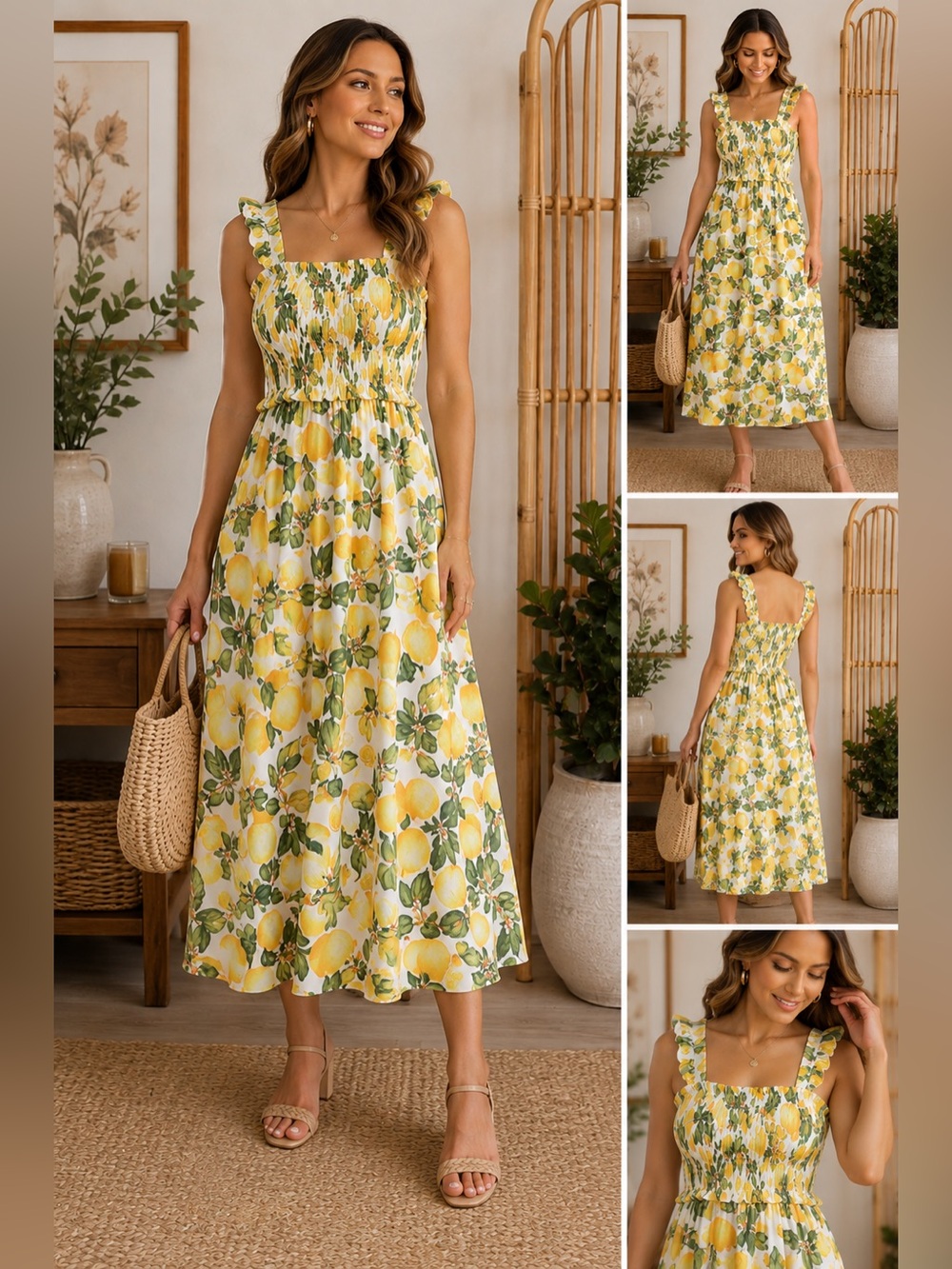 English Factory Lemon Print Maxi Dress Lined Floral Smocked Sundress